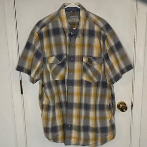 Carhartt yellow blue plaid short sleeve button down shirt with snaps Size 3XLT